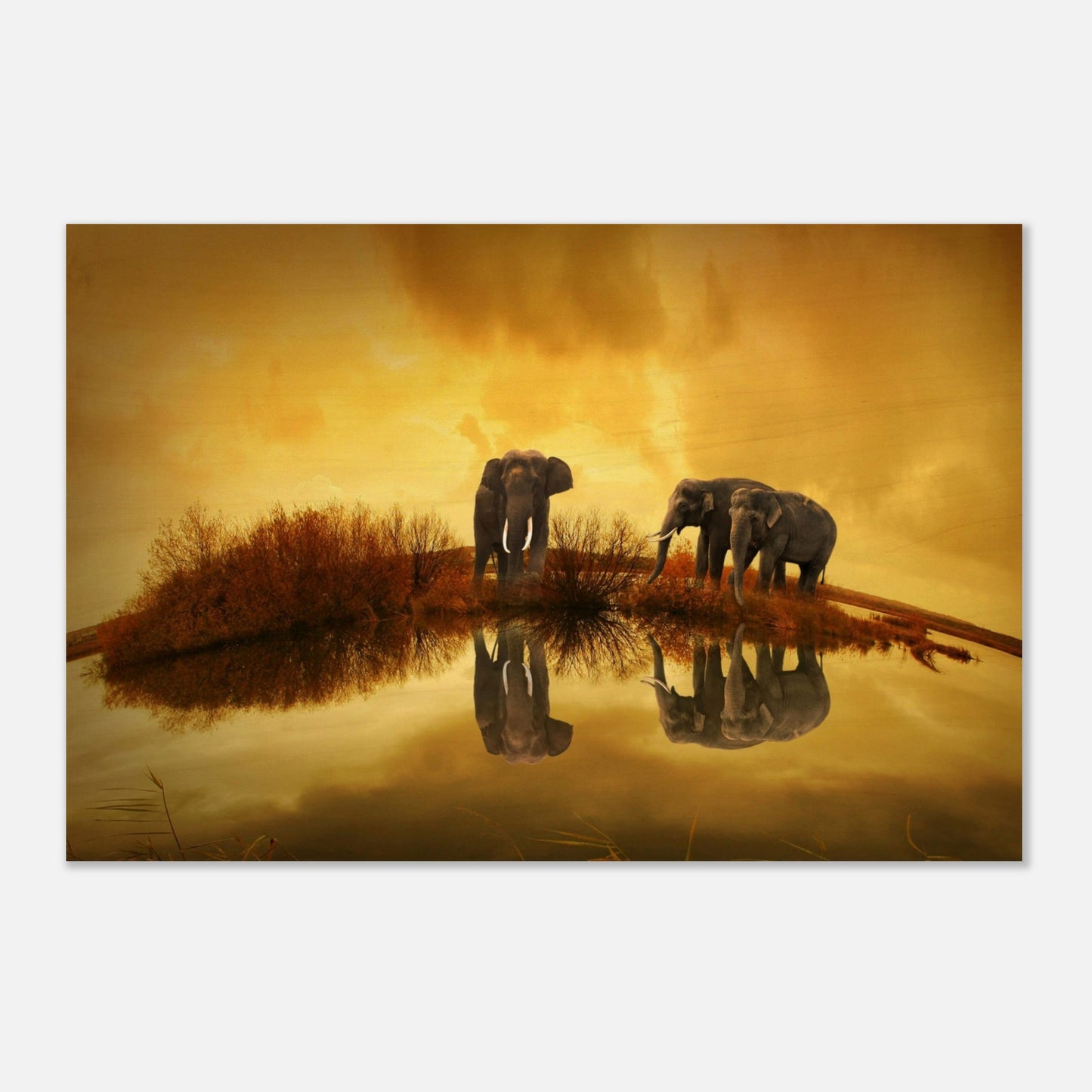 TABLEAU SUR BOIS : Eléphants Sous Le Ciel Jaune