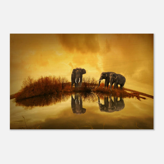 TABLEAU SUR BOIS : Eléphants Sous Le Ciel Jaune